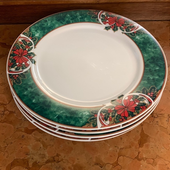 Vintage Gibson Everyday Christmas Dinner Plates Set of 4 Marble Holly - Picture 1 of 6